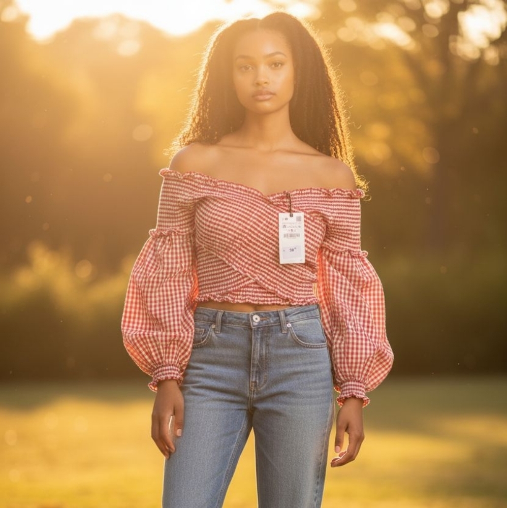 Zara Red Gingham Off-Shoulder Top